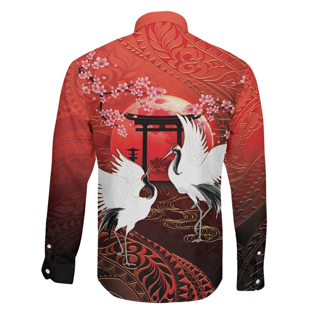 Hawaii and Japan Together Family Matching Short Sleeve Bodycon Dress and Hawaiian Shirt Polynesian Art Tattoo With Cranes And Sakura - Polynesian Pride