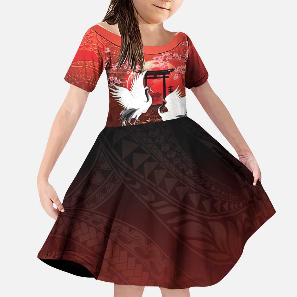 Hawaii and Japan Together Family Matching Summer Maxi Dress and Hawaiian Shirt Polynesian Art Tattoo With Cranes And Sakura - Polynesian Pride