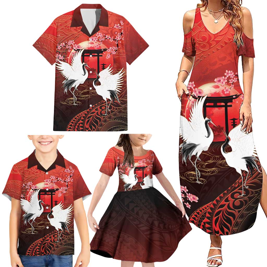Hawaii and Japan Together Family Matching Summer Maxi Dress and Hawaiian Shirt Polynesian Art Tattoo With Cranes And Sakura - Polynesian Pride