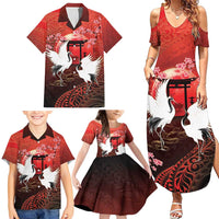 Hawaii and Japan Together Family Matching Summer Maxi Dress and Hawaiian Shirt Polynesian Art Tattoo With Cranes And Sakura - Polynesian Pride