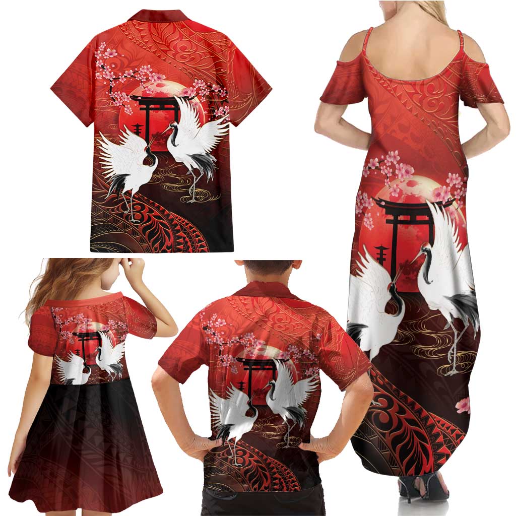 Hawaii and Japan Together Family Matching Summer Maxi Dress and Hawaiian Shirt Polynesian Art Tattoo With Cranes And Sakura - Polynesian Pride