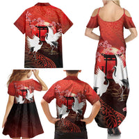 Hawaii and Japan Together Family Matching Summer Maxi Dress and Hawaiian Shirt Polynesian Art Tattoo With Cranes And Sakura - Polynesian Pride