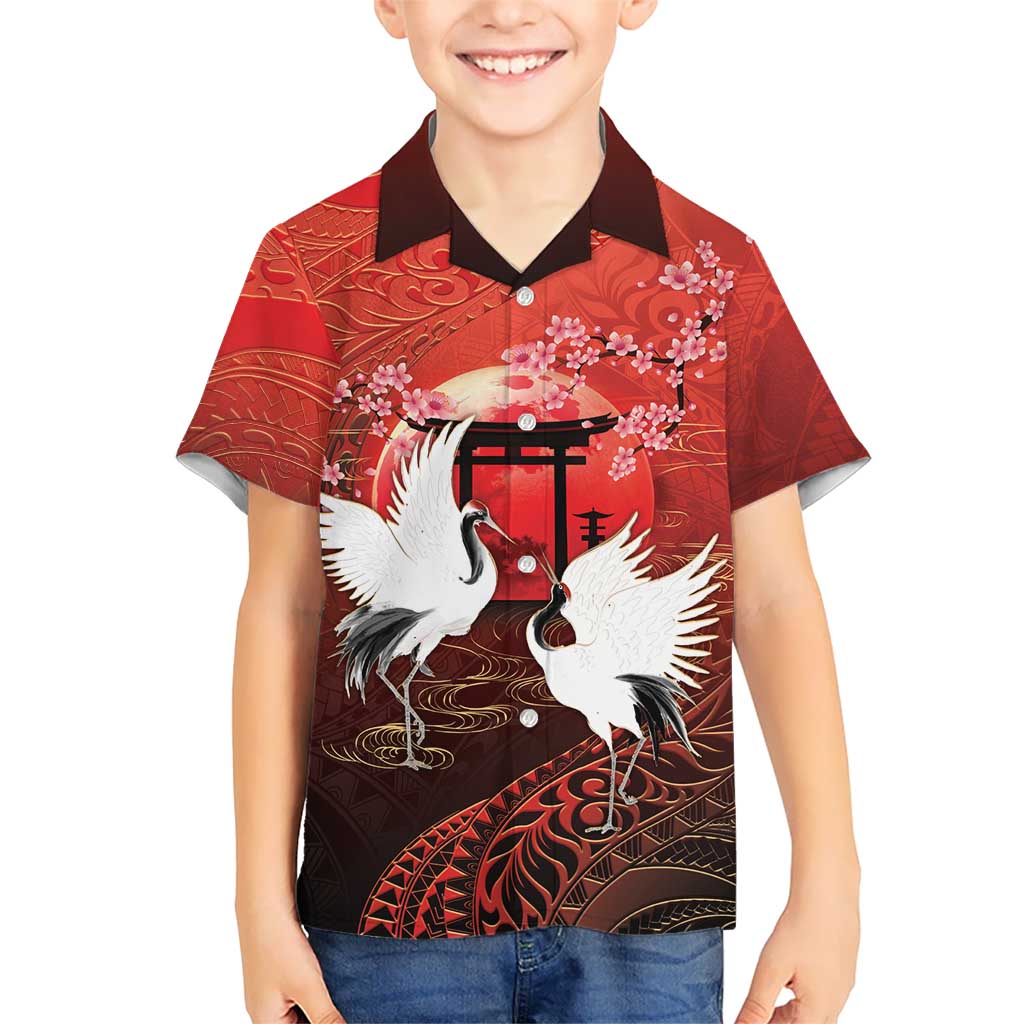 Hawaii and Japan Together Family Matching Summer Maxi Dress and Hawaiian Shirt Polynesian Art Tattoo With Cranes And Sakura - Polynesian Pride
