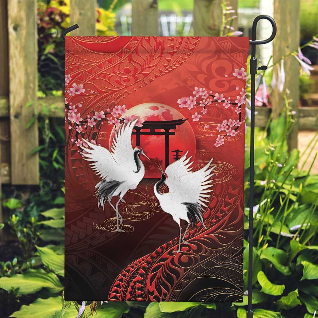 Hawaii and Japan Together Garden Flag Polynesian Art Tattoo With Cranes And Sakura LT05 Garden Flag Red - Polynesian Pride