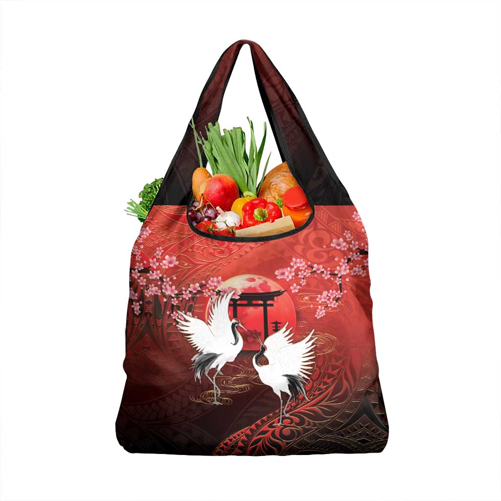 Hawaii and Japan Together Grocery Bag Polynesian Art Tattoo With Cranes And Sakura LT05 1-pack One Size Red - Polynesian Pride