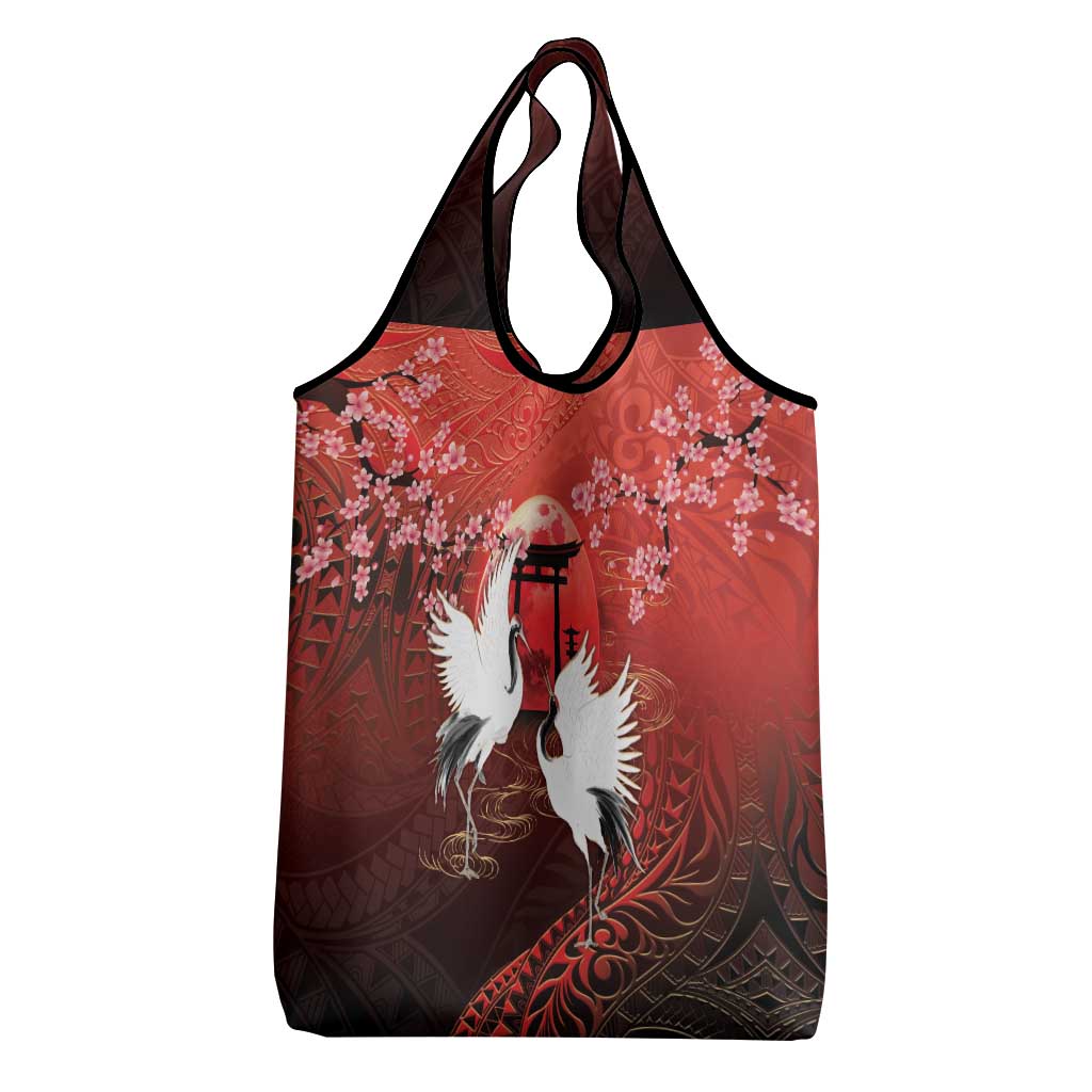 Hawaii and Japan Together Grocery Bag Polynesian Art Tattoo With Cranes And Sakura LT05 - Polynesian Pride