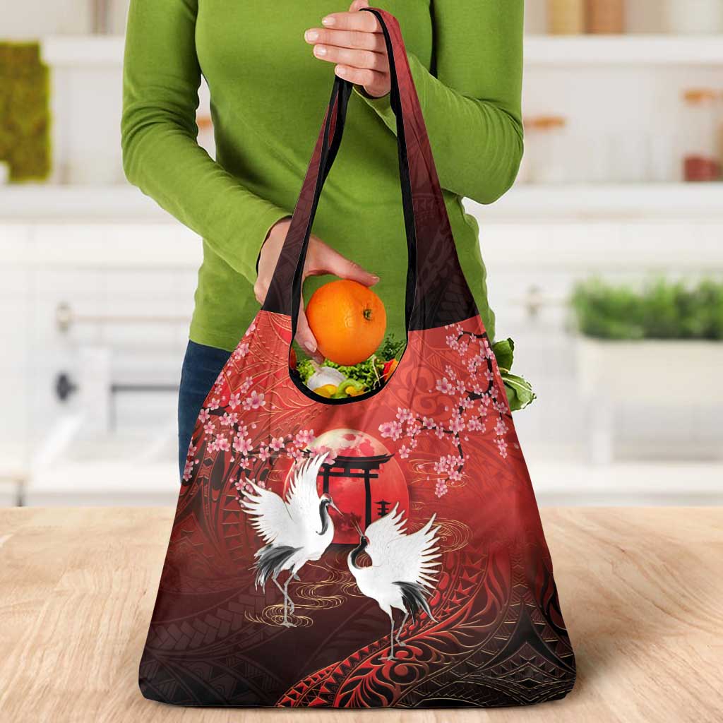Hawaii and Japan Together Grocery Bag Polynesian Art Tattoo With Cranes And Sakura LT05 - Polynesian Pride