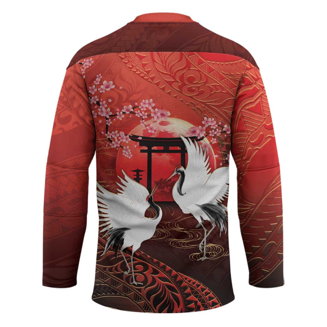 Hawaii and Japan Together Hockey Jersey Polynesian Art Tattoo With Cranes And Sakura LT05 - Polynesian Pride