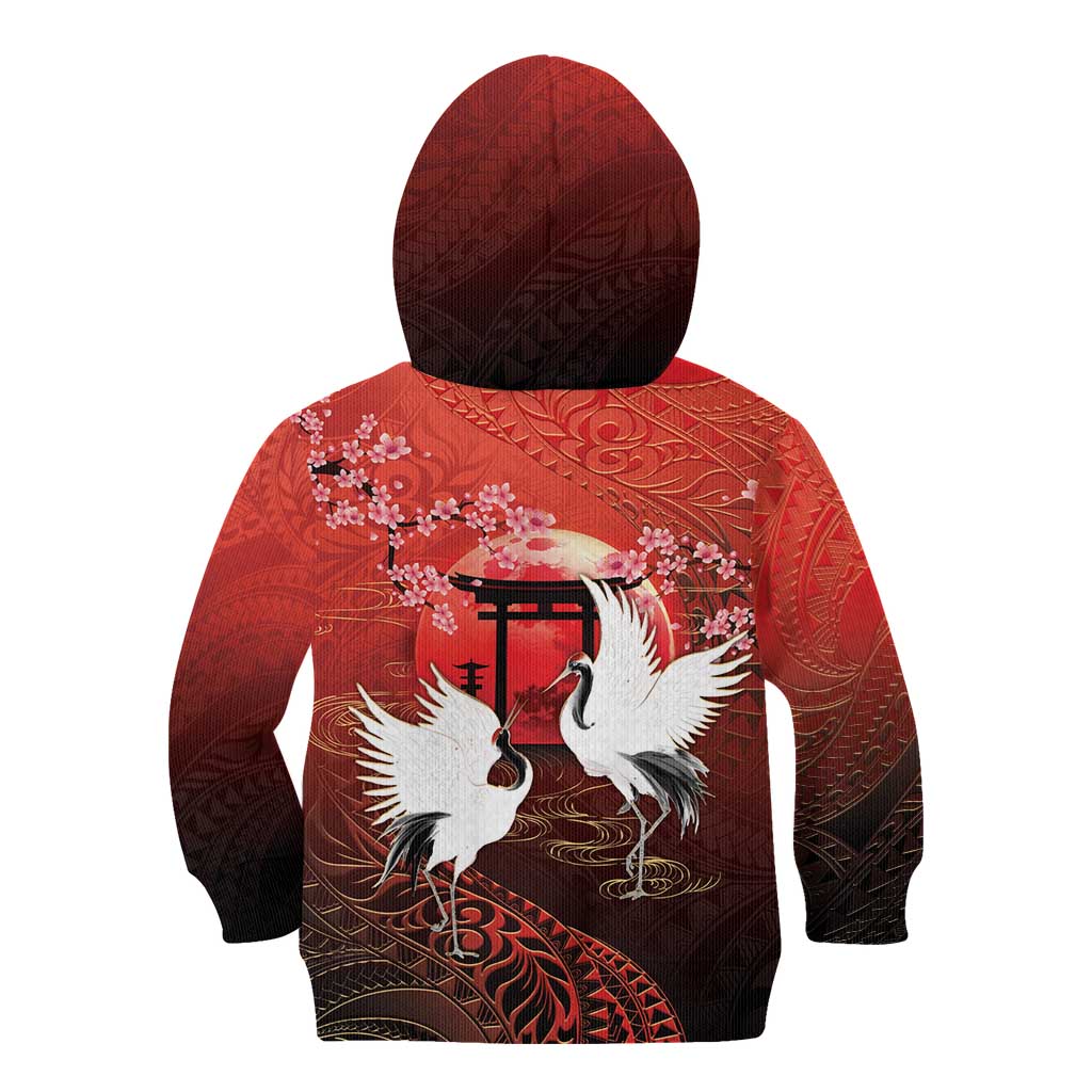 Hawaii and Japan Together Kid Hoodie Polynesian Art Tattoo With Cranes And Sakura LT05 - Polynesian Pride