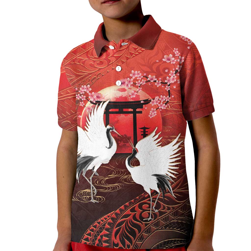 Hawaii and Japan Together Kid Polo Shirt Polynesian Art Tattoo With Cranes And Sakura LT05 Kid Red - Polynesian Pride