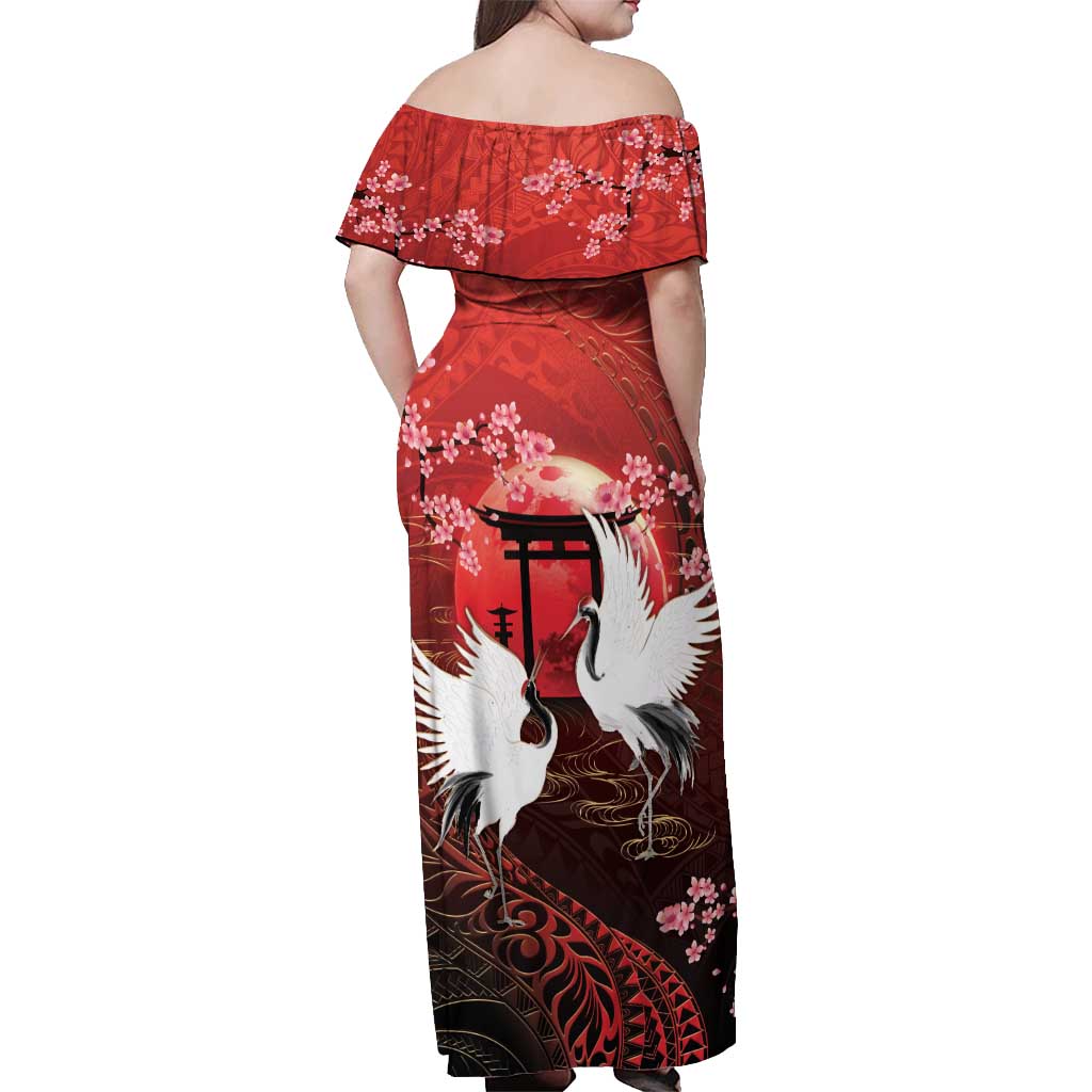 Hawaii and Japan Together Off Shoulder Maxi Dress Polynesian Art Tattoo With Cranes And Sakura LT05 - Polynesian Pride
