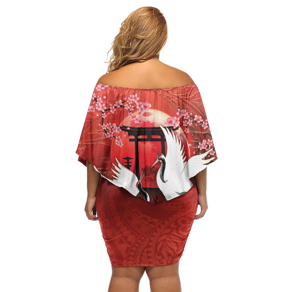 Hawaii and Japan Together Off Shoulder Short Dress Polynesian Art Tattoo With Cranes And Sakura LT05 - Polynesian Pride