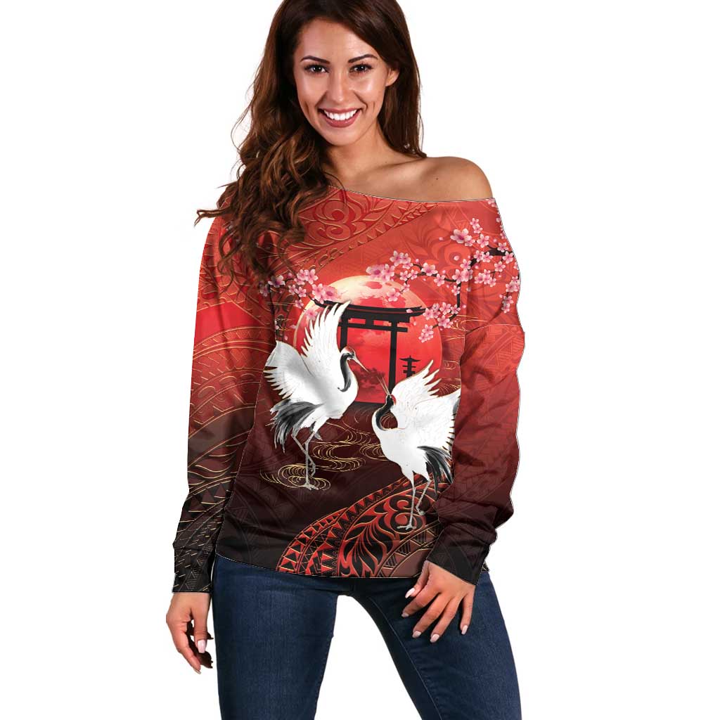 Hawaii and Japan Together Off Shoulder Sweater Polynesian Art Tattoo With Cranes And Sakura LT05 Women Red - Polynesian Pride