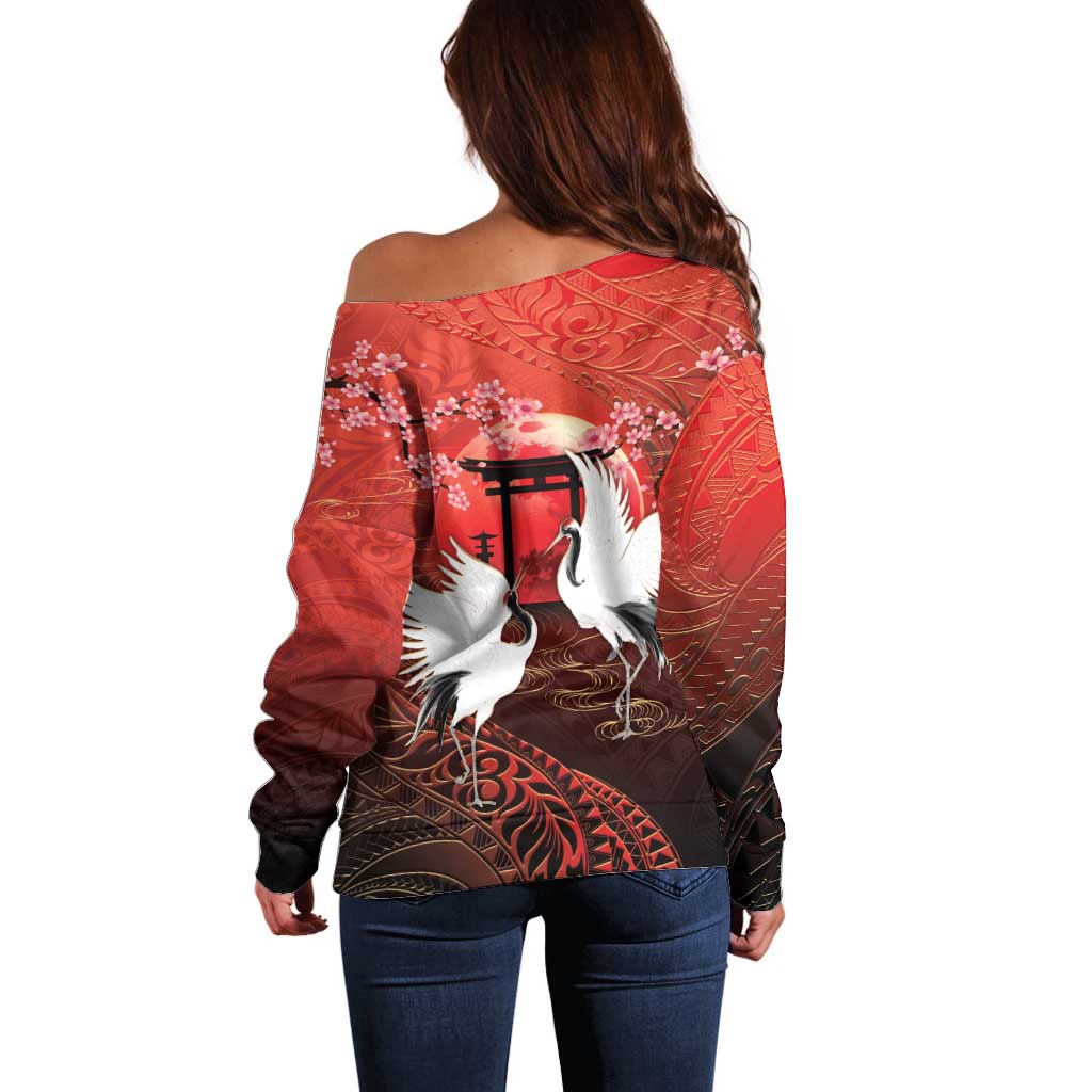Hawaii and Japan Together Off Shoulder Sweater Polynesian Art Tattoo With Cranes And Sakura LT05 - Polynesian Pride