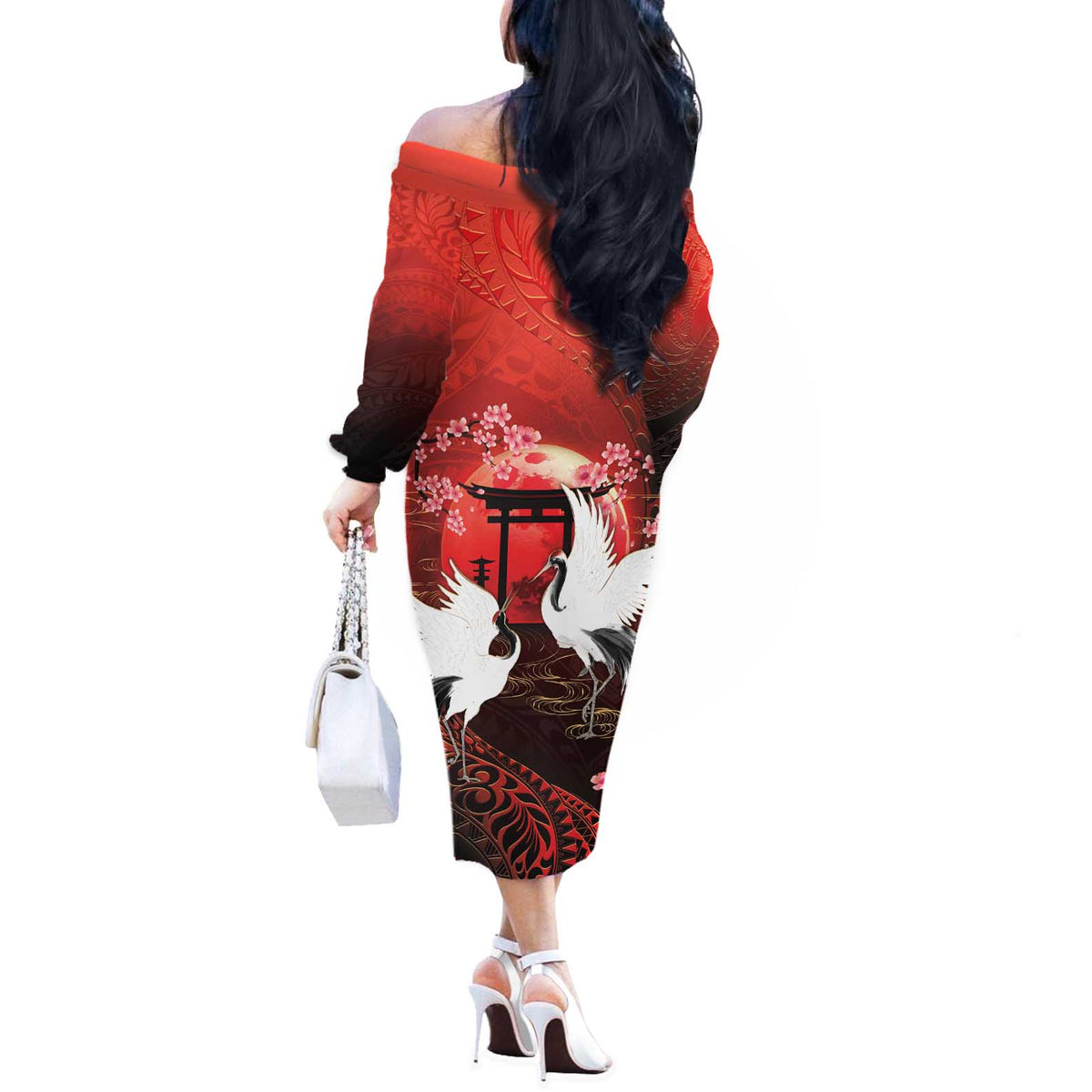 Hawaii and Japan Together Off The Shoulder Long Sleeve Dress Polynesian Art Tattoo With Cranes And Sakura LT05 - Polynesian Pride
