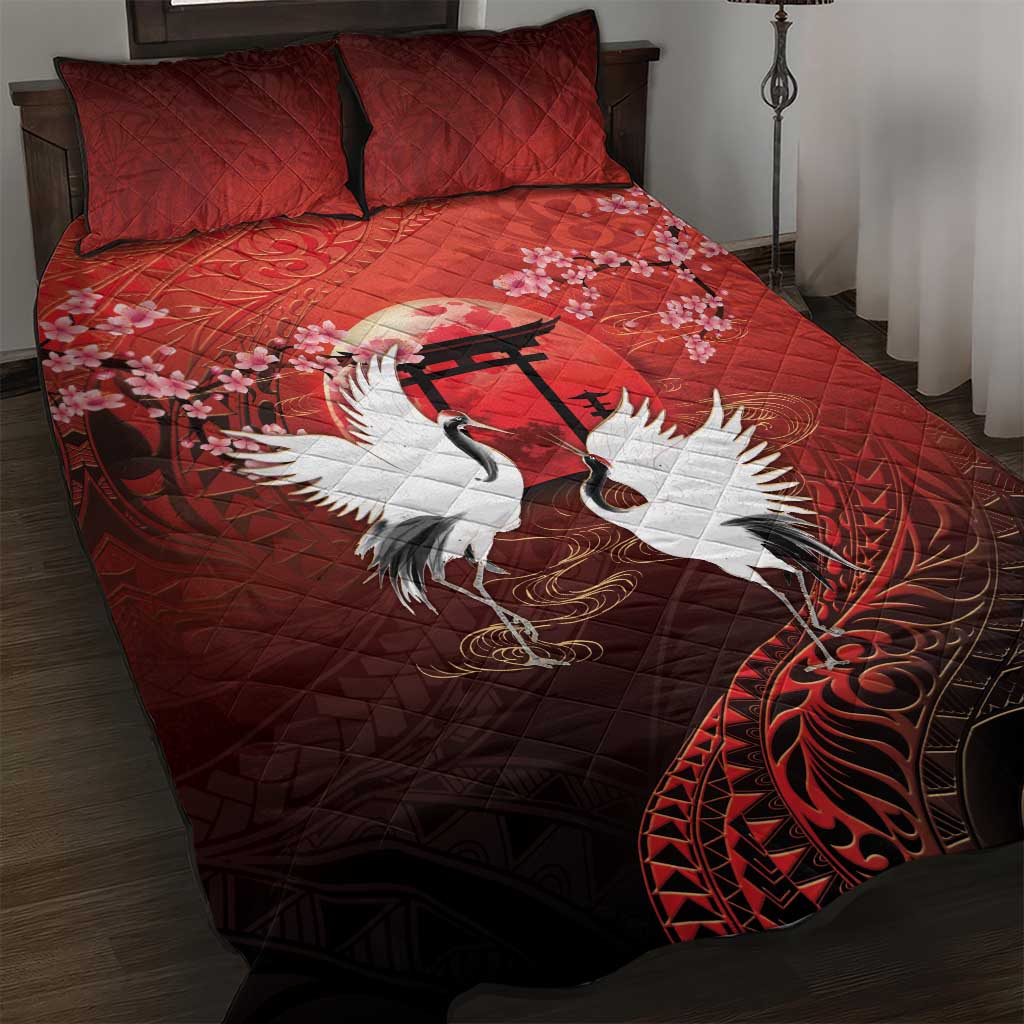 Hawaii and Japan Together Quilt Bed Set Polynesian Art Tattoo With Cranes And Sakura LT05 Red - Polynesian Pride