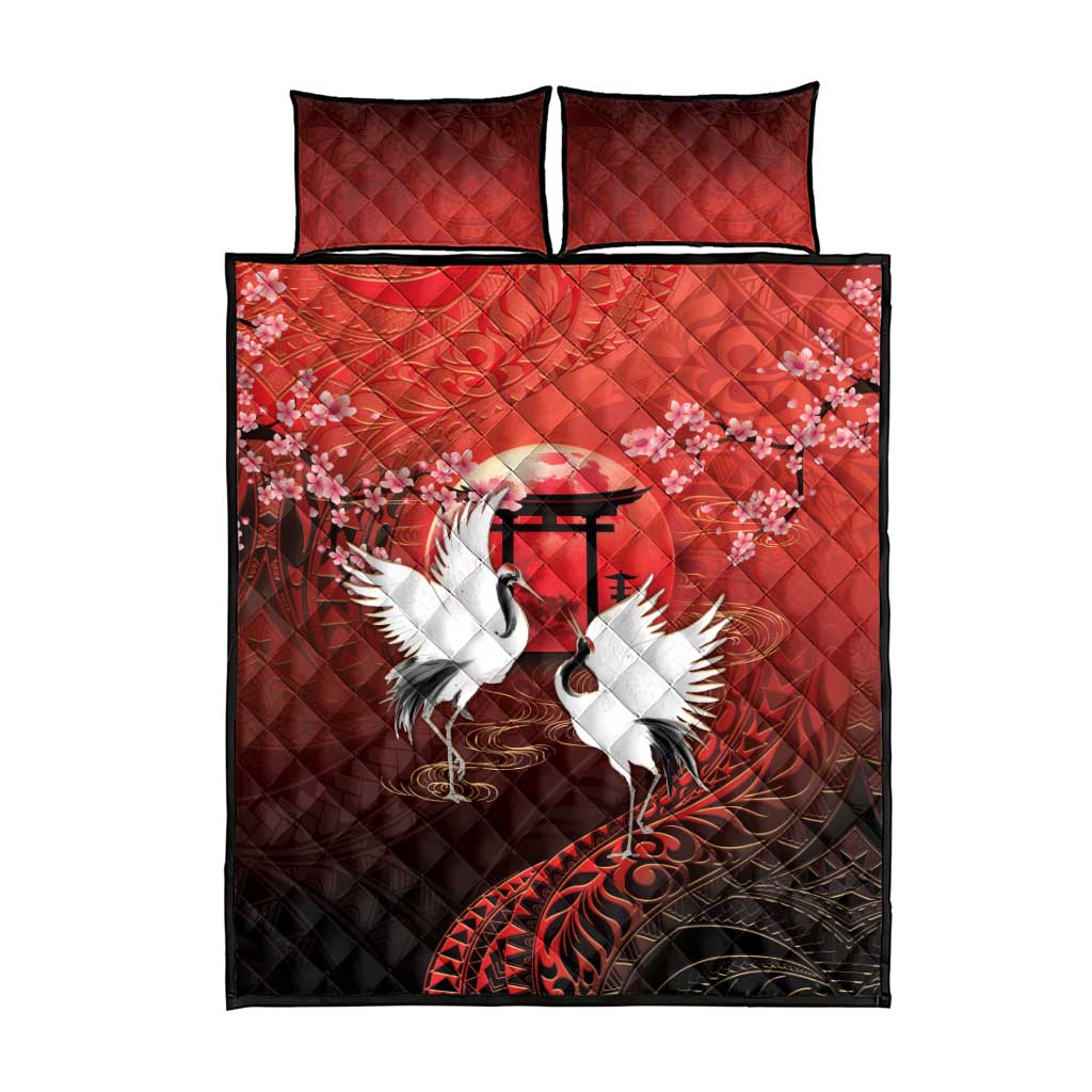 Hawaii and Japan Together Quilt Bed Set Polynesian Art Tattoo With Cranes And Sakura LT05 - Polynesian Pride