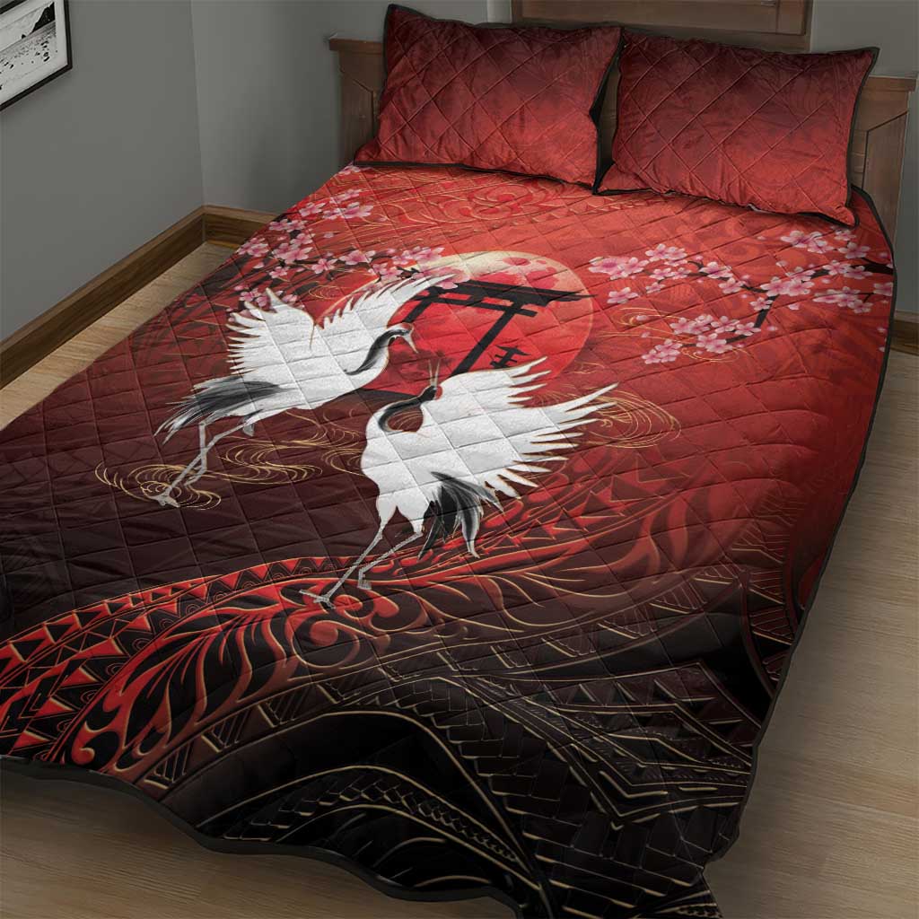 Hawaii and Japan Together Quilt Bed Set Polynesian Art Tattoo With Cranes And Sakura LT05 - Polynesian Pride