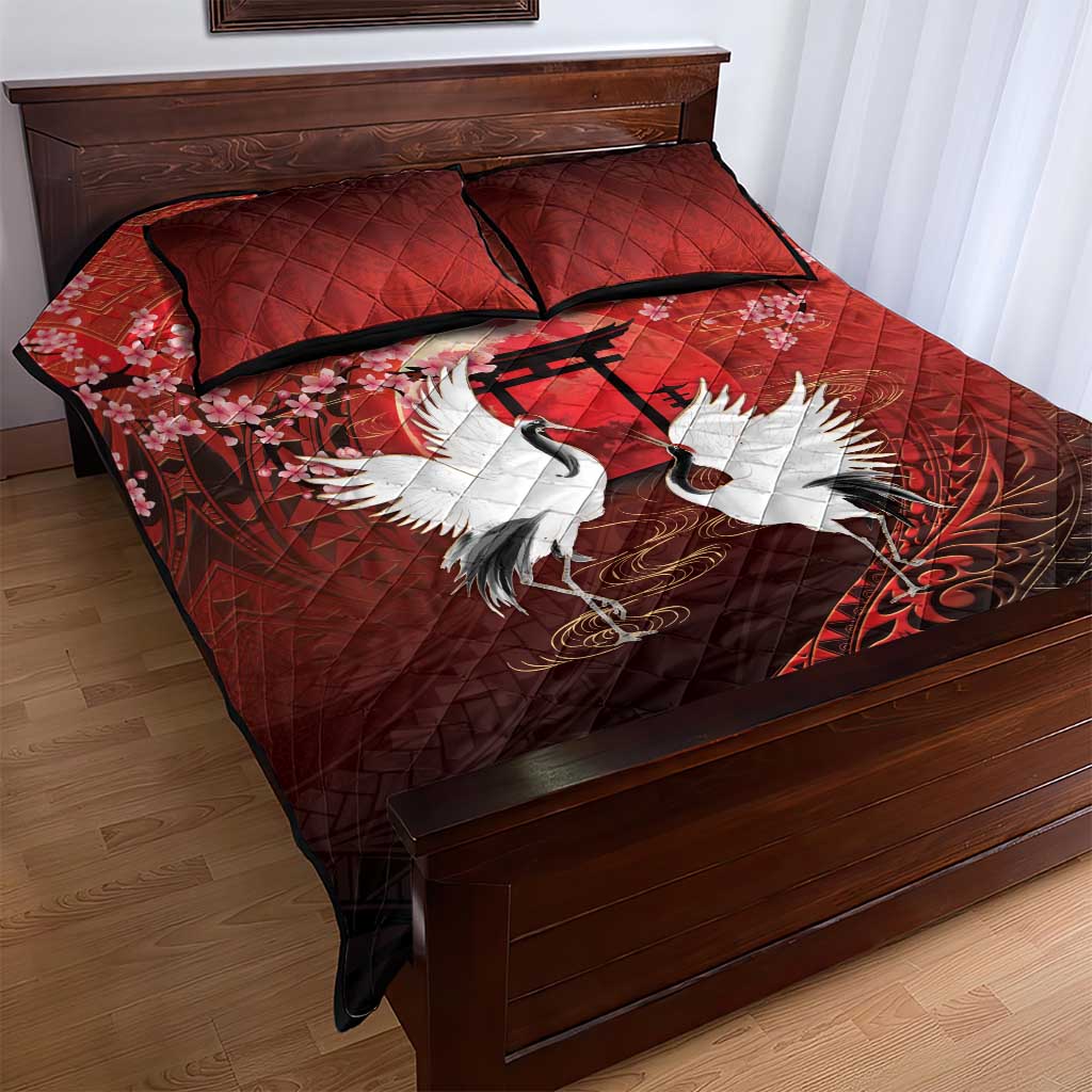 Hawaii and Japan Together Quilt Bed Set Polynesian Art Tattoo With Cranes And Sakura LT05 - Polynesian Pride