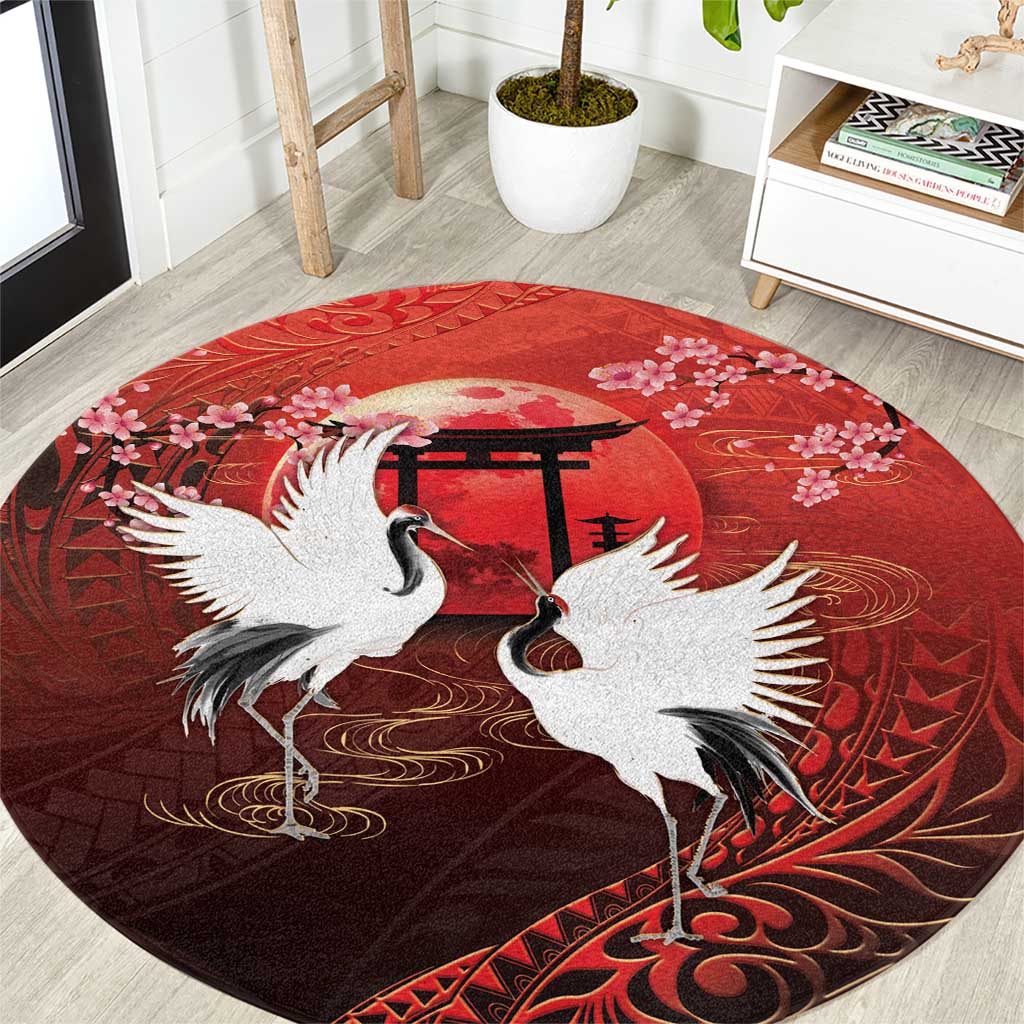 Hawaii and Japan Together Round Carpet Polynesian Art Tattoo With Cranes And Sakura LT05 Red - Polynesian Pride