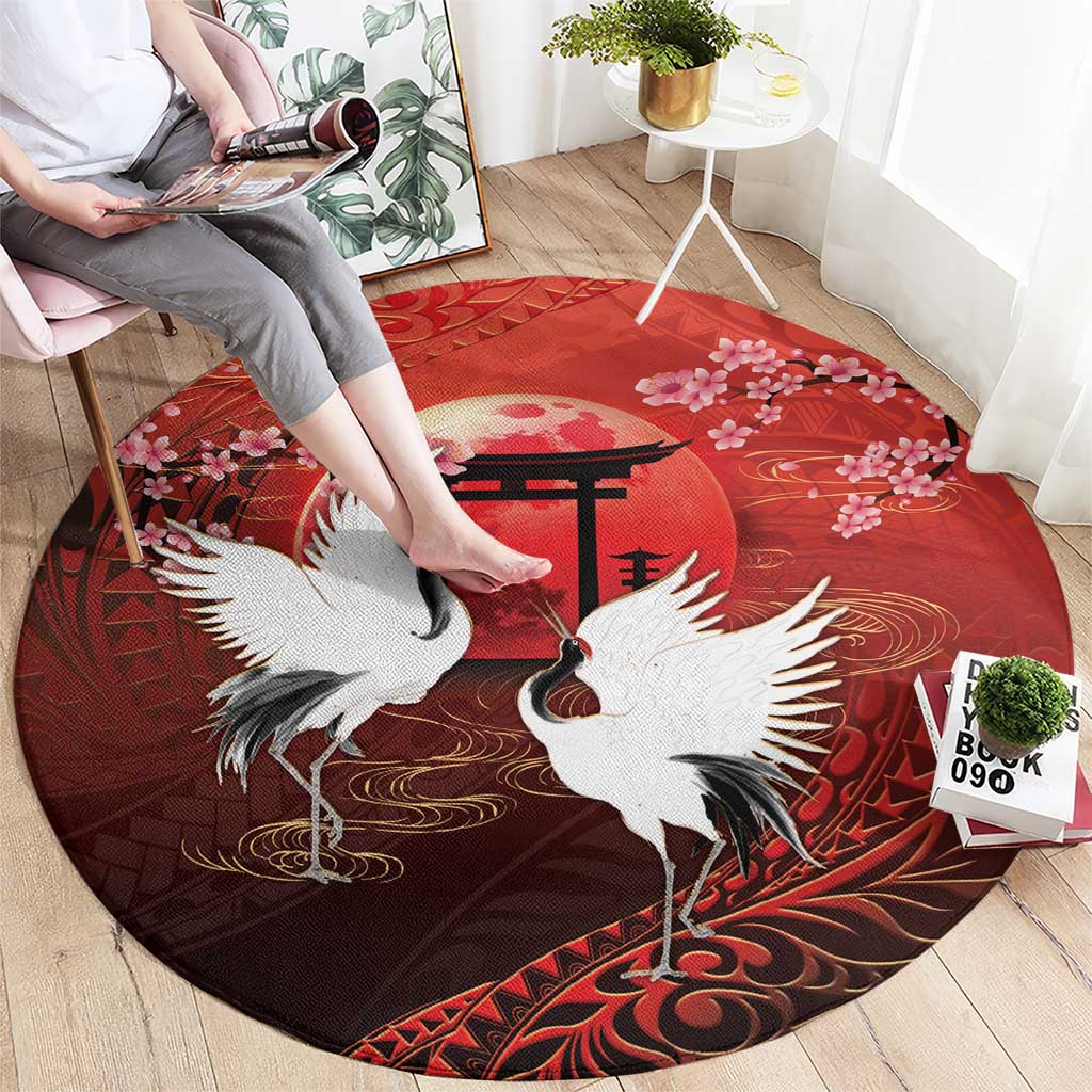 Hawaii and Japan Together Round Carpet Polynesian Art Tattoo With Cranes And Sakura LT05 - Polynesian Pride