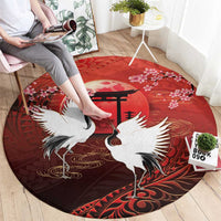 Hawaii and Japan Together Round Carpet Polynesian Art Tattoo With Cranes And Sakura LT05 - Polynesian Pride