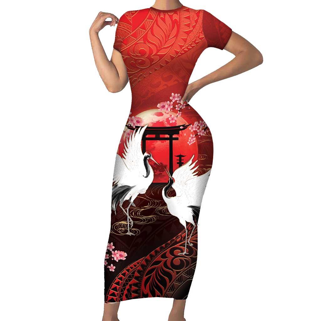Hawaii and Japan Together Short Sleeve Bodycon Dress Polynesian Art Tattoo With Cranes And Sakura - Polynesian Pride