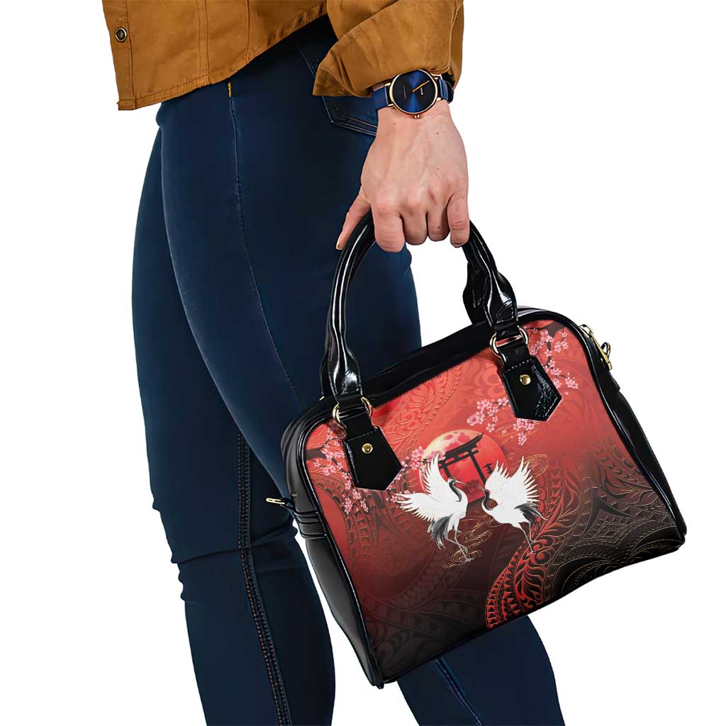 Hawaii and Japan Together Shoulder Handbag Polynesian Art Tattoo With Cranes And Sakura - Polynesian Pride