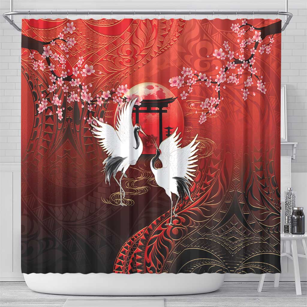 Hawaii and Japan Together Shower Curtain Polynesian Art Tattoo With Cranes And Sakura LT05 - Polynesian Pride