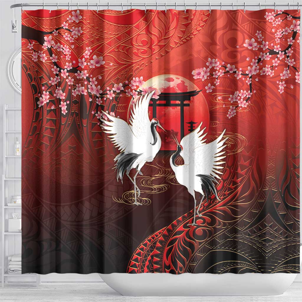 Hawaii and Japan Together Shower Curtain Polynesian Art Tattoo With Cranes And Sakura LT05 - Polynesian Pride