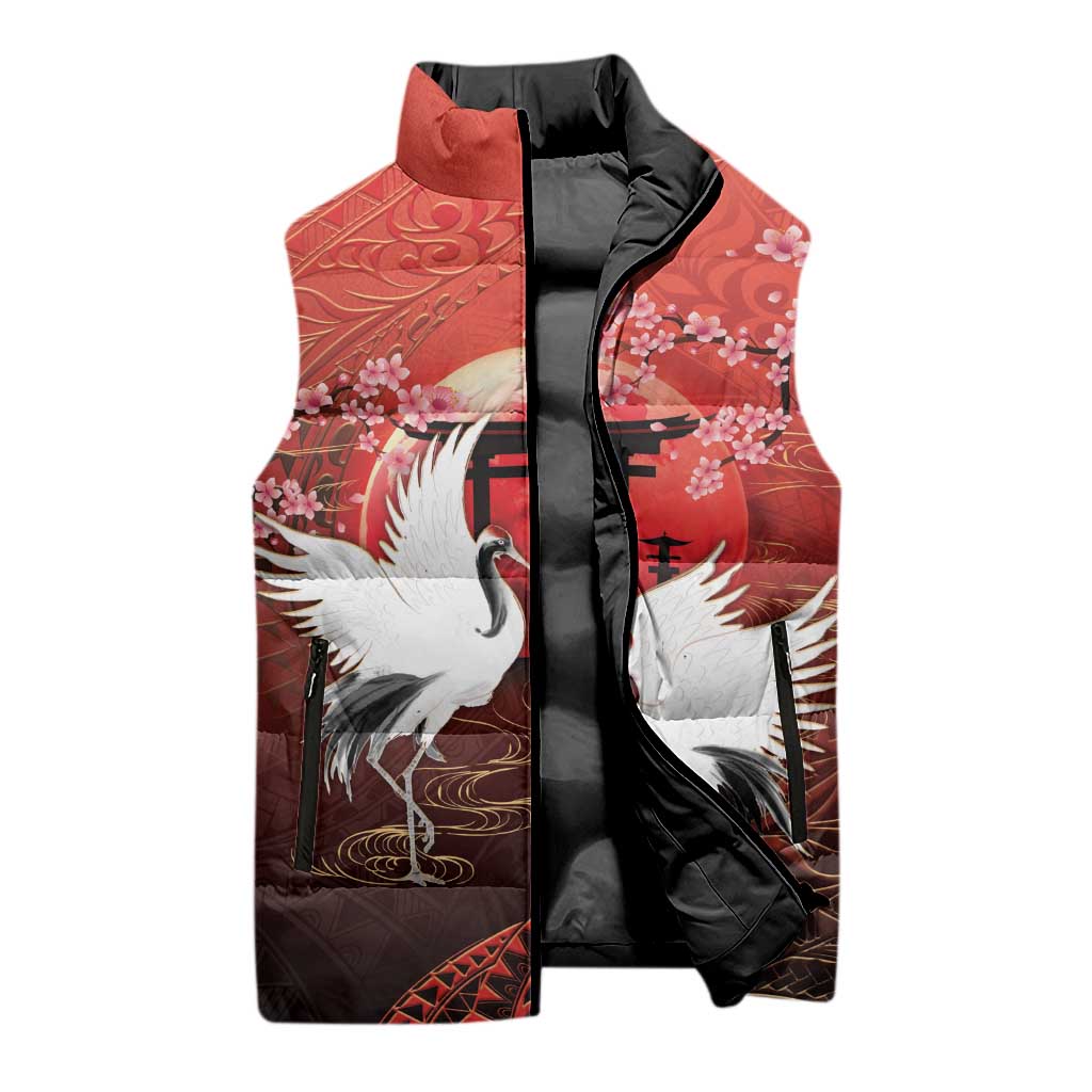 Hawaii and Japan Together Sleeveless Puffer Jacket Polynesian Art Tattoo With Cranes And Sakura LT05 - Polynesian Pride