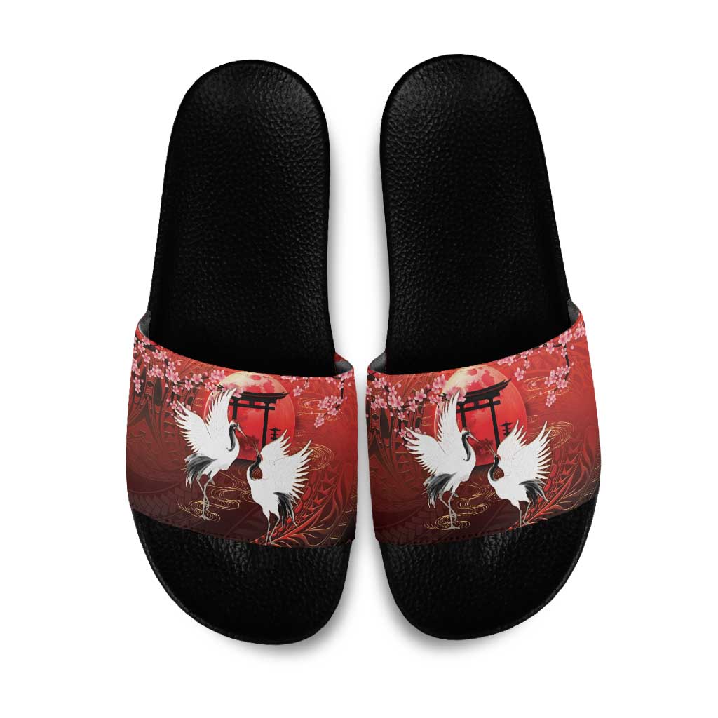 Hawaii and Japan Together Slide Sandals Polynesian Art Tattoo With Cranes And Sakura LT05 Red - Polynesian Pride
