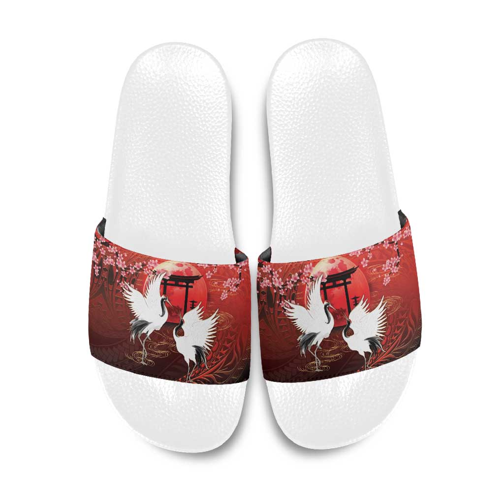 Hawaii and Japan Together Slide Sandals Polynesian Art Tattoo With Cranes And Sakura LT05 Red - Polynesian Pride