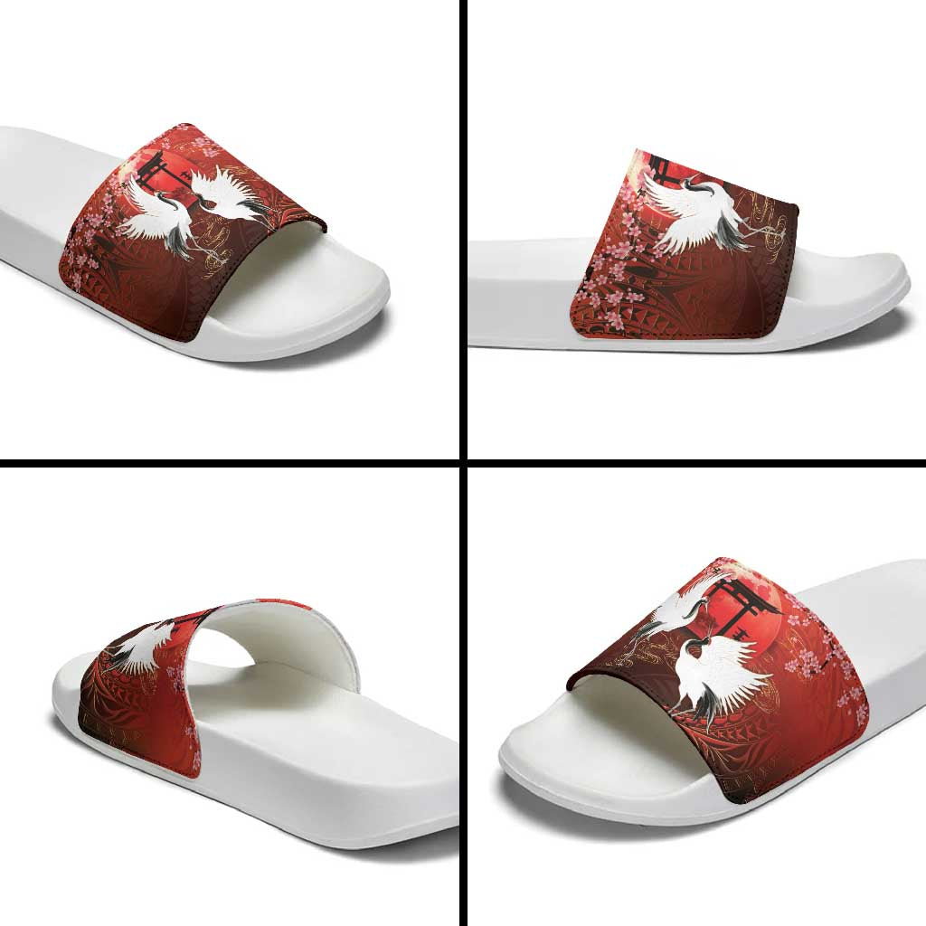Hawaii and Japan Together Slide Sandals Polynesian Art Tattoo With Cranes And Sakura LT05 - Polynesian Pride