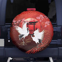 Hawaii and Japan Together Spare Tire Cover Polynesian Art Tattoo With Cranes And Sakura LT05 No hole Red - Polynesian Pride