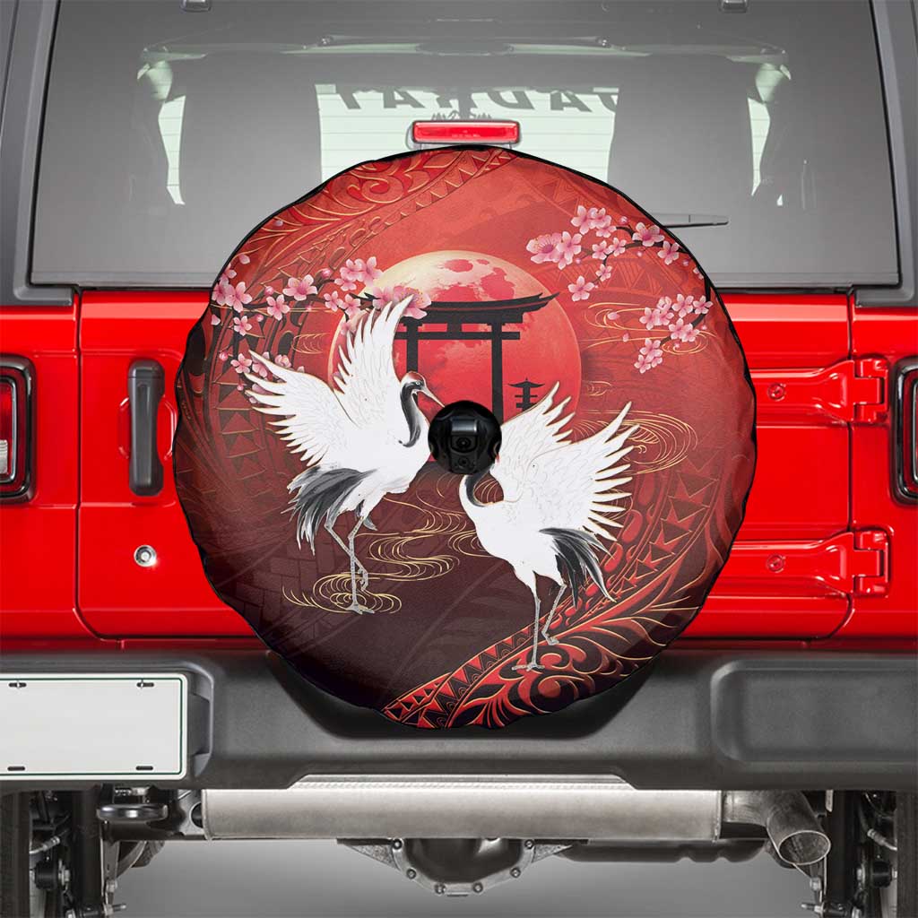 Hawaii and Japan Together Spare Tire Cover Polynesian Art Tattoo With Cranes And Sakura LT05 - Polynesian Pride