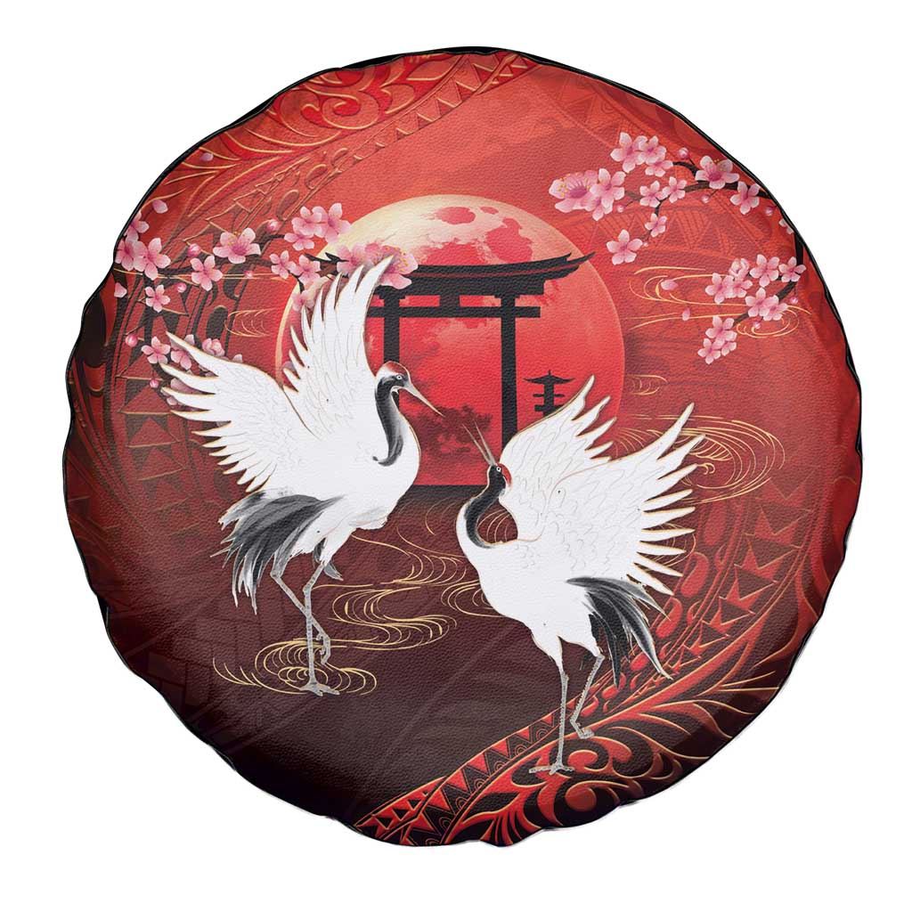Hawaii and Japan Together Spare Tire Cover Polynesian Art Tattoo With Cranes And Sakura LT05 - Polynesian Pride