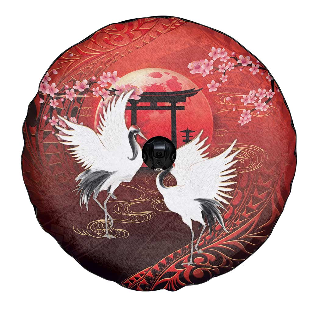 Hawaii and Japan Together Spare Tire Cover Polynesian Art Tattoo With Cranes And Sakura LT05 - Polynesian Pride