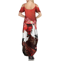Hawaii and Japan Together Summer Maxi Dress Polynesian Art Tattoo With Cranes And Sakura - Polynesian Pride