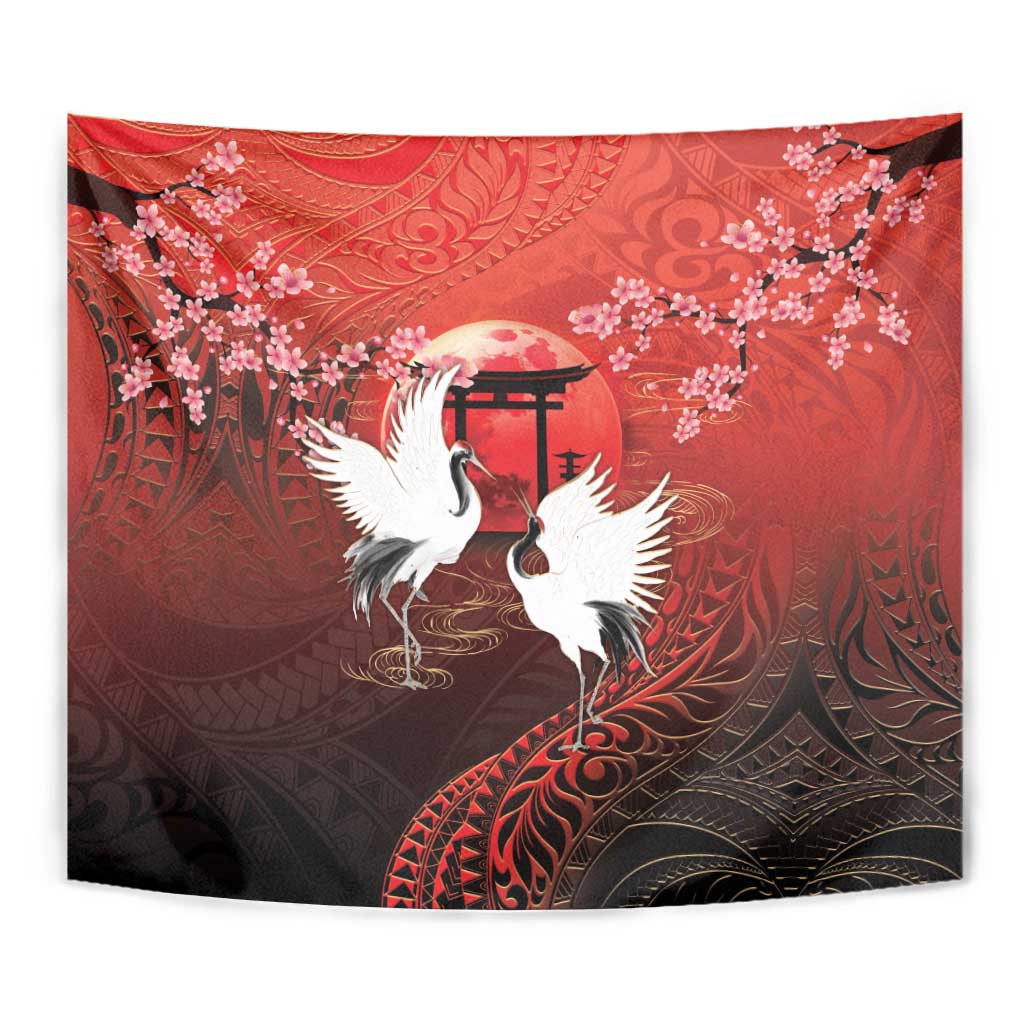 Hawaii and Japan Together Tapestry Polynesian Art Tattoo With Cranes And Sakura LT05 - Polynesian Pride