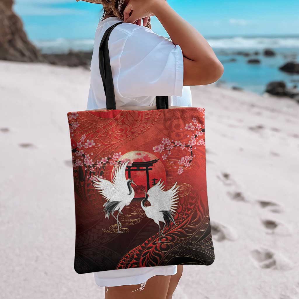Hawaii and Japan Together Tote Bag Polynesian Art Tattoo With Cranes And Sakura LT05 - Polynesian Pride