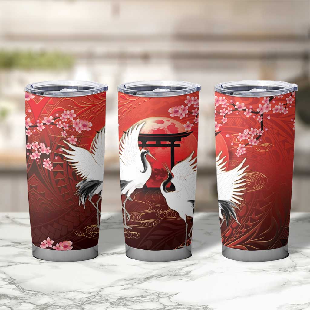 Hawaii and Japan Together Tumbler Cup Polynesian Art Tattoo With Cranes And Sakura LT05 - Polynesian Pride