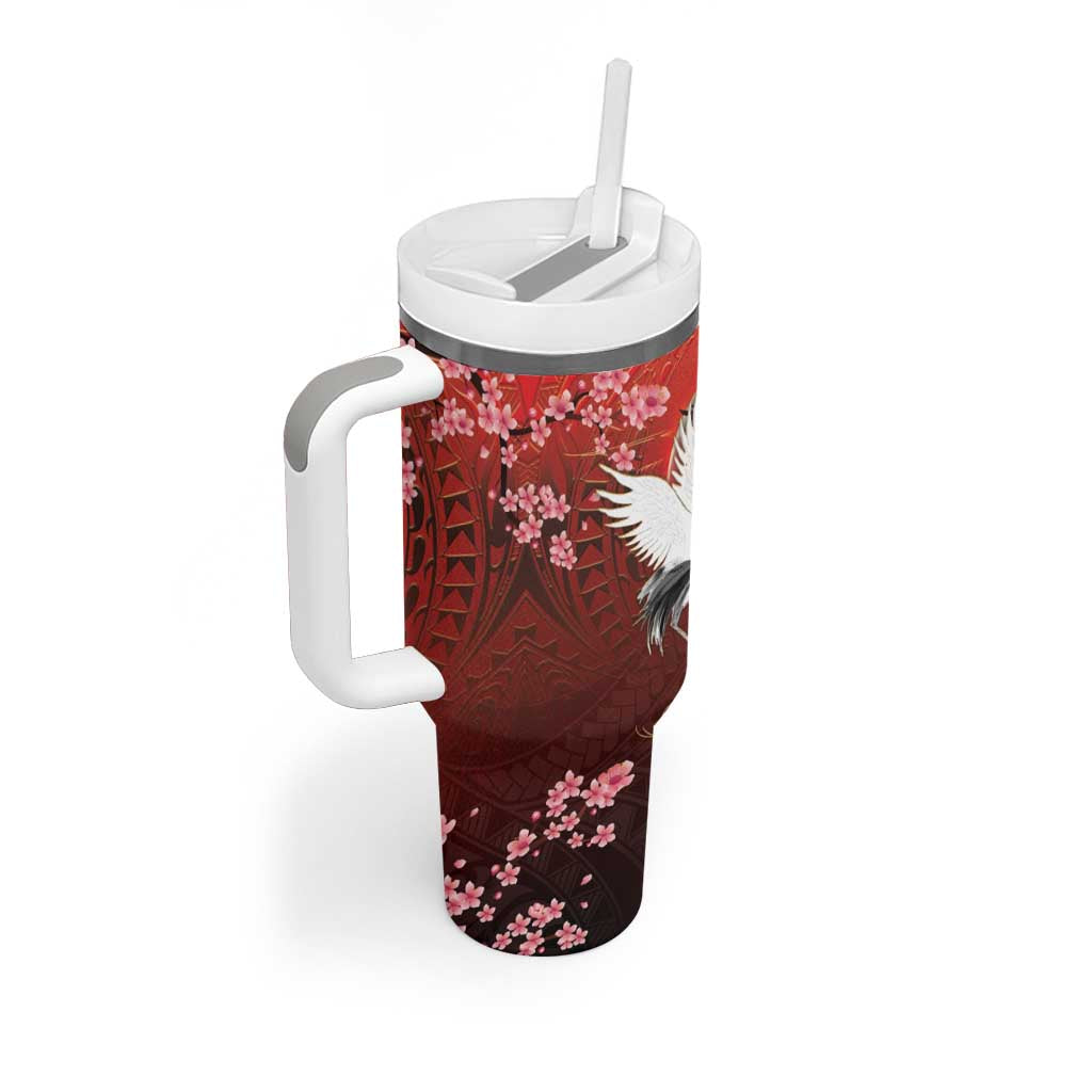Hawaii and Japan Together Tumbler With Handle Polynesian Art Tattoo With Cranes And Sakura LT05 - Polynesian Pride