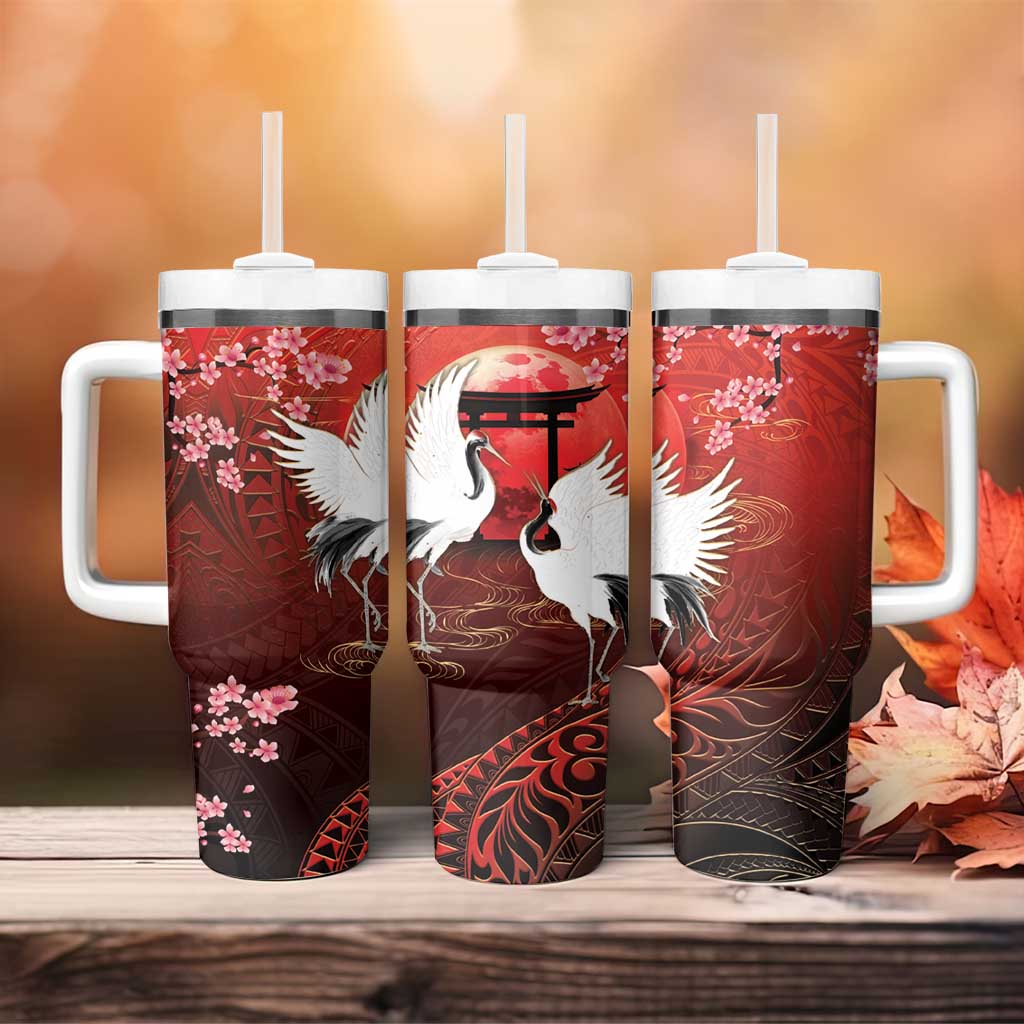 Hawaii and Japan Together Tumbler With Handle Polynesian Art Tattoo With Cranes And Sakura LT05 - Polynesian Pride