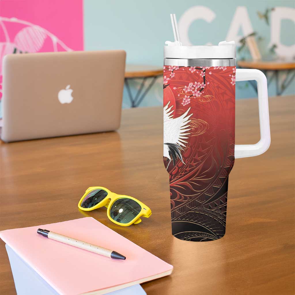 Hawaii and Japan Together Tumbler With Handle Polynesian Art Tattoo With Cranes And Sakura LT05 - Polynesian Pride