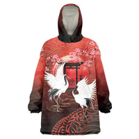 Hawaii and Japan Together Wearable Blanket Hoodie Polynesian Art Tattoo With Cranes And Sakura LT05 One Size Red - Polynesian Pride