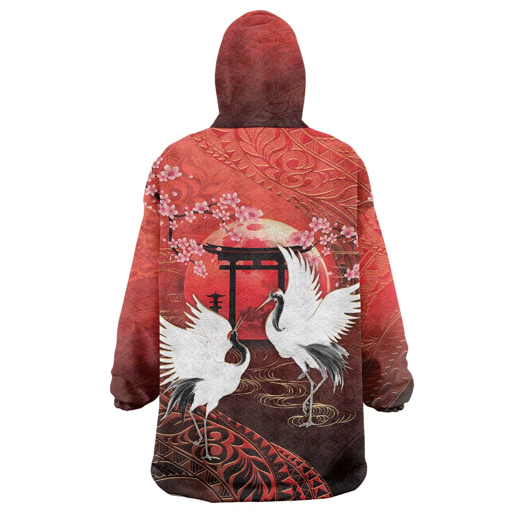 Hawaii and Japan Together Wearable Blanket Hoodie Polynesian Art Tattoo With Cranes And Sakura LT05 - Polynesian Pride