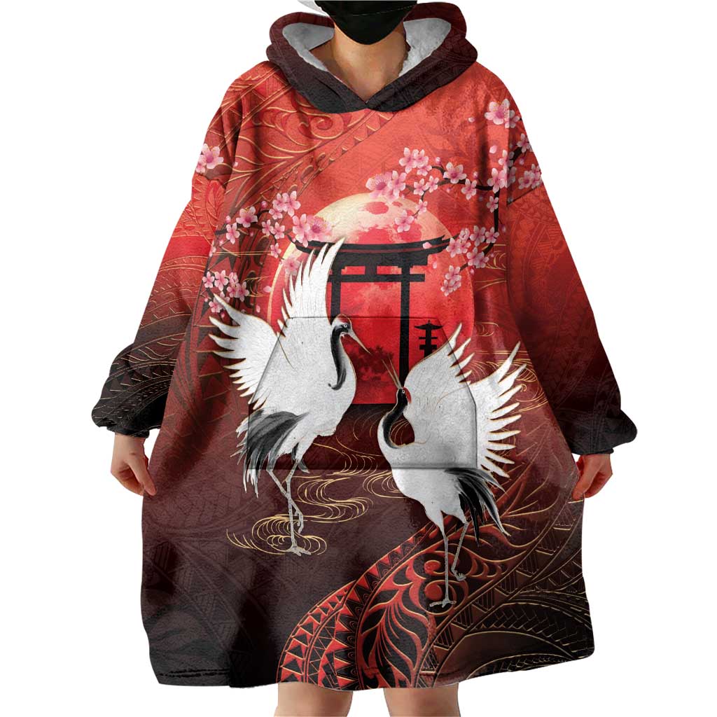 Hawaii and Japan Together Wearable Blanket Hoodie Polynesian Art Tattoo With Cranes And Sakura LT05 - Polynesian Pride