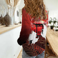 Hawaii and Japan Together Women Casual Shirt Polynesian Art Tattoo With Cranes And Sakura LT05 - Polynesian Pride