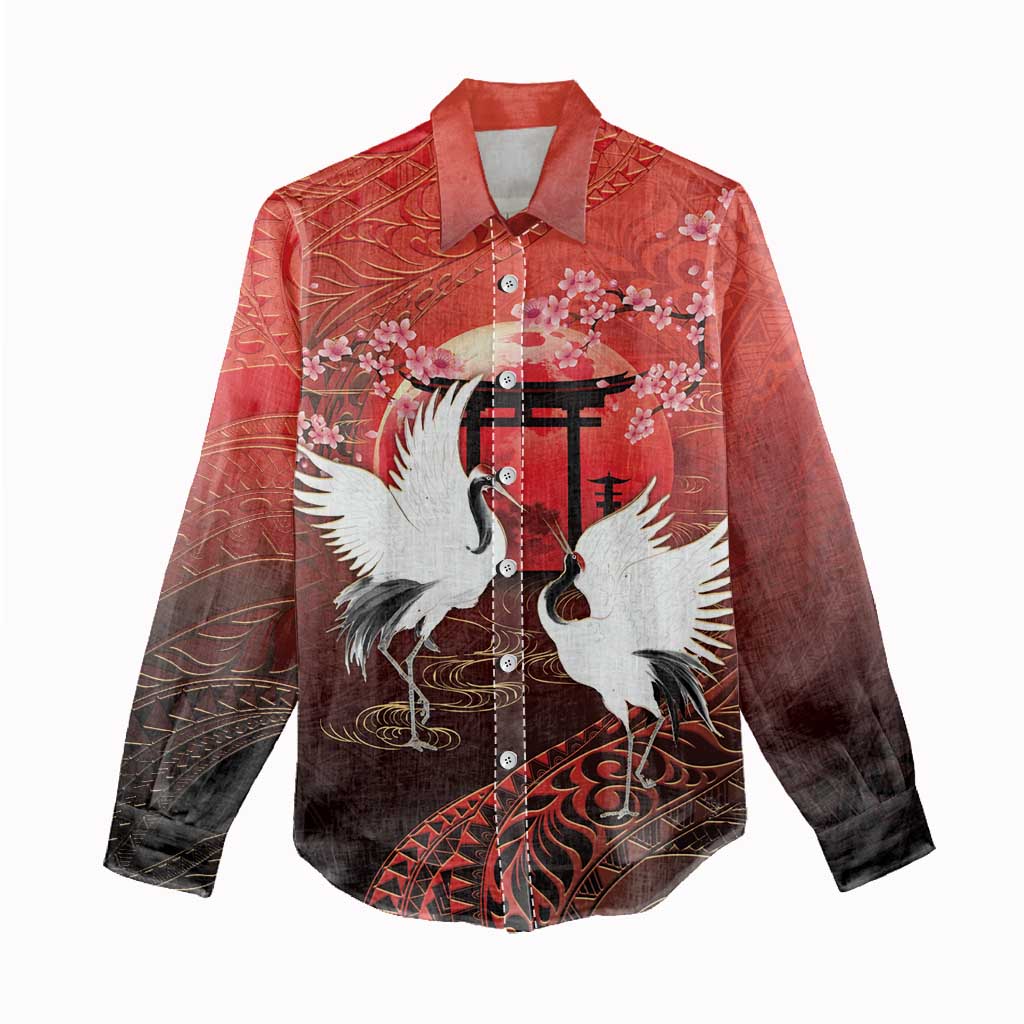 Hawaii and Japan Together Women Casual Shirt Polynesian Art Tattoo With Cranes And Sakura LT05 - Polynesian Pride
